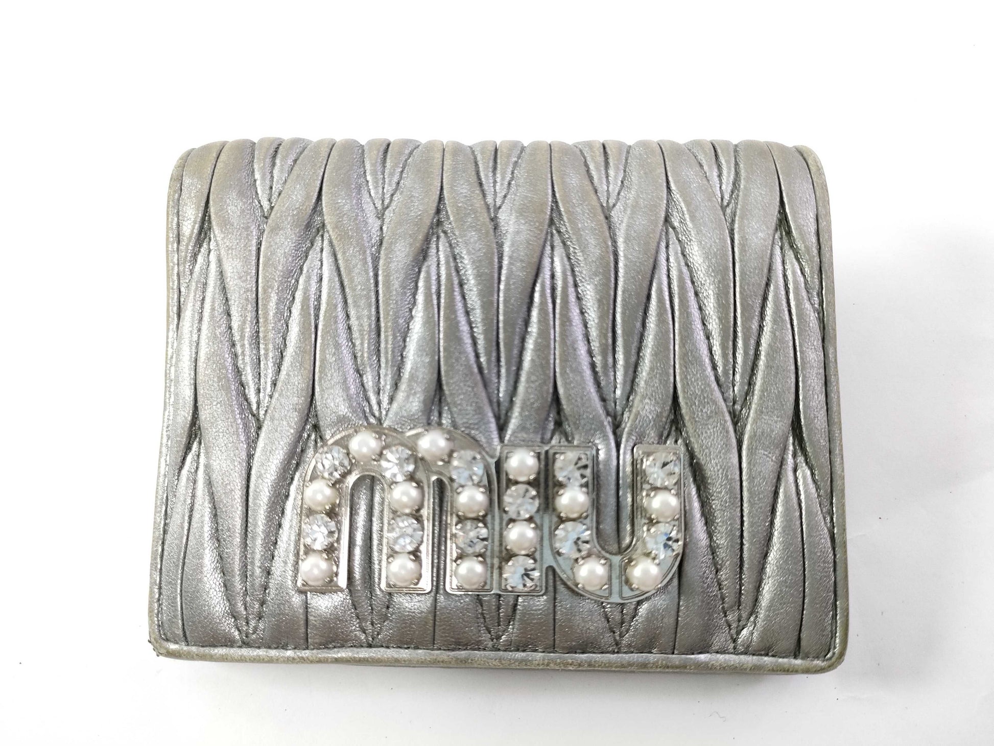 Miu Miu Bijou/Pearl Bifold Silver Wallet
