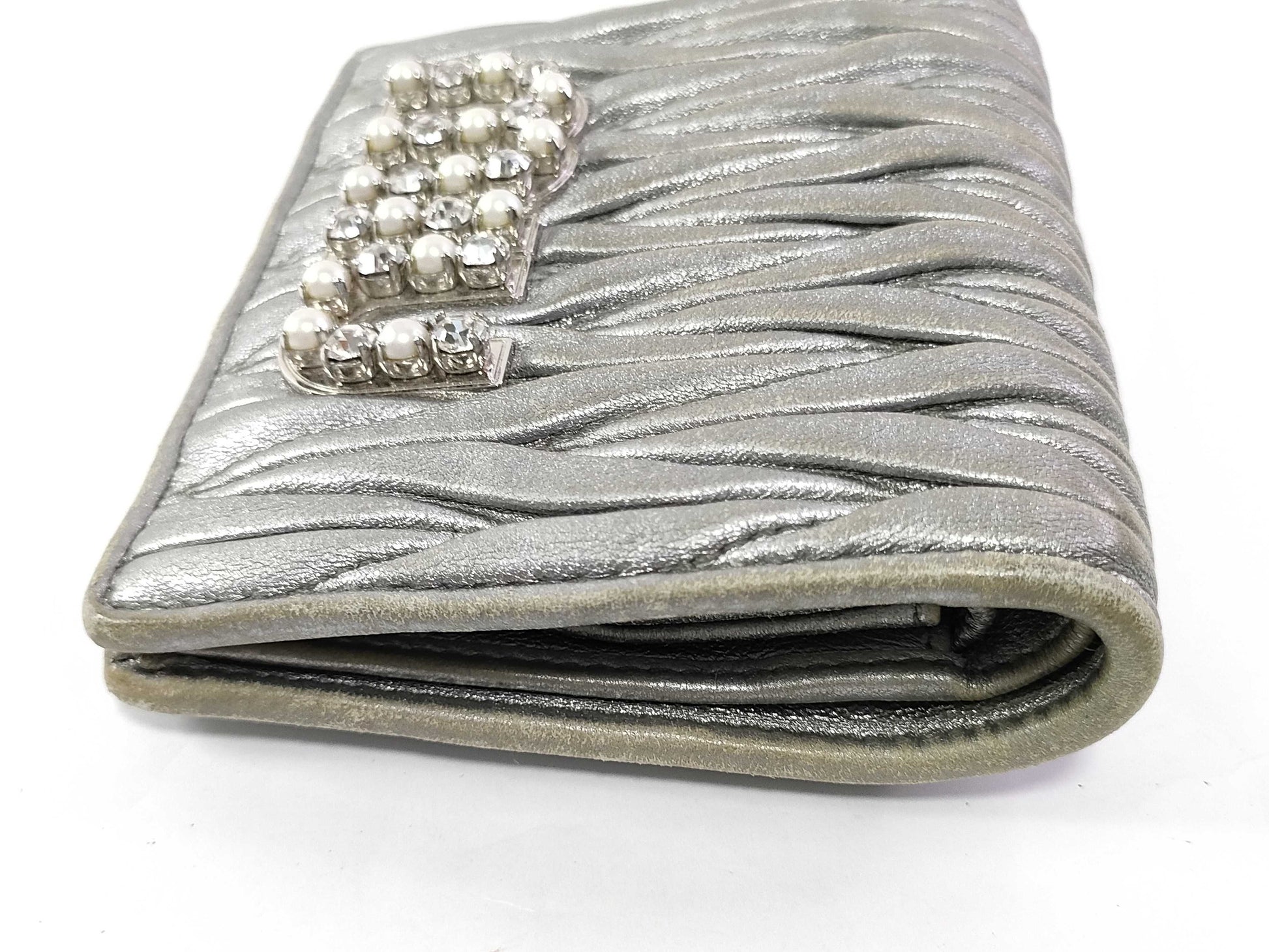 Miu Miu Bijou/Pearl Bifold Silver Wallet