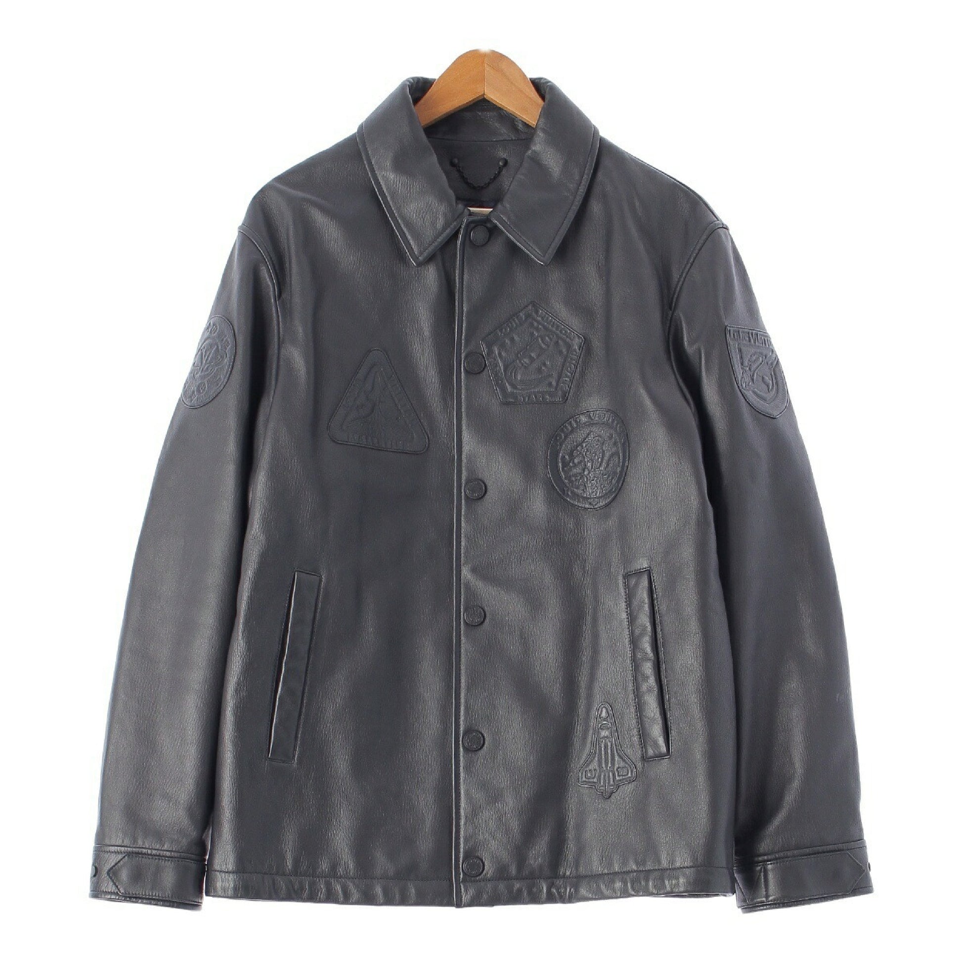 LOUIS VUITTON Men's Leather Jacket/Blouson with Logo Patch and Monogram in Black