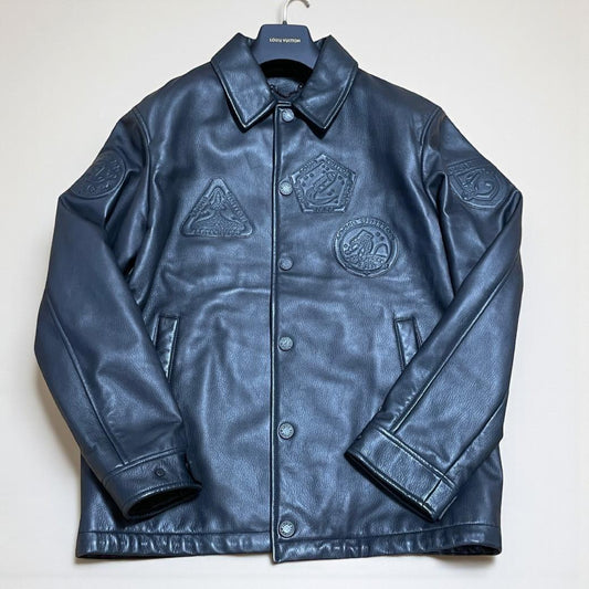 LOUIS VUITTON Men's Leather Jacket/Blouson with Logo Patch and Monogram in Black