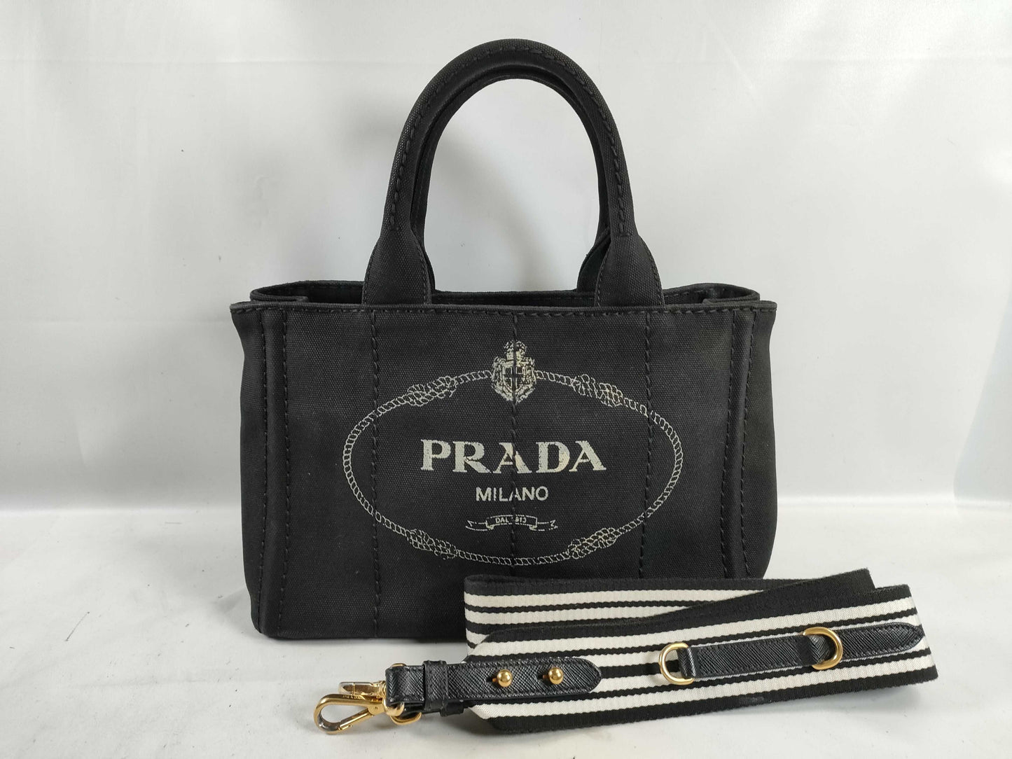 PRADA Canapa Handbag with Shoulder Strap, Black