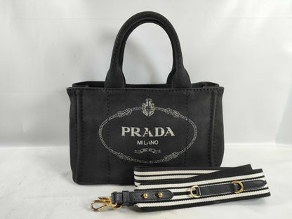 PRADA Canapa Handbag with Shoulder Strap, Black