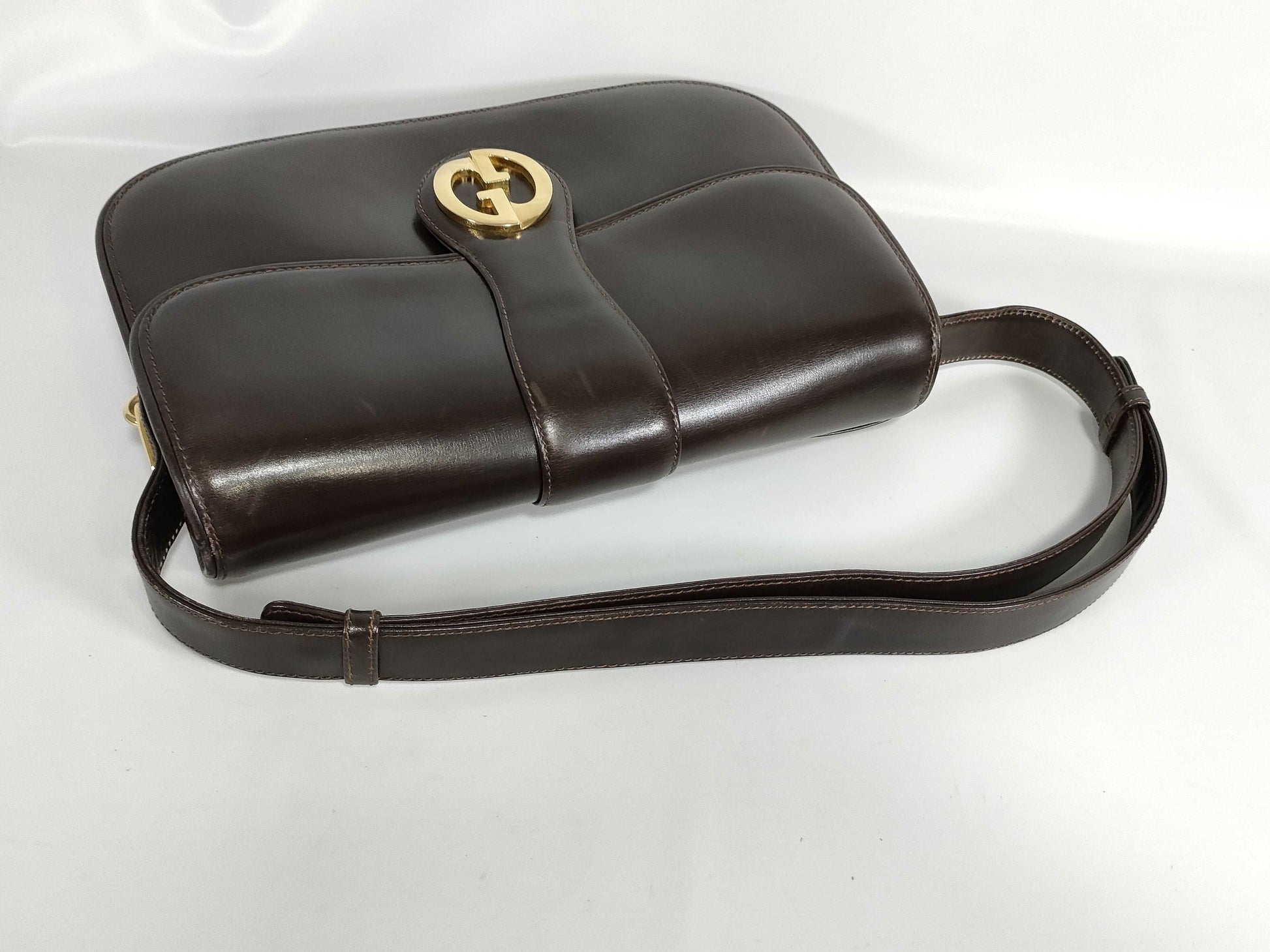 GUCCI Old Gucci Semi-Shoulder Bag with GG Hardware, Vintage Calfskin Leather, Dark Brown Shoulder Bag