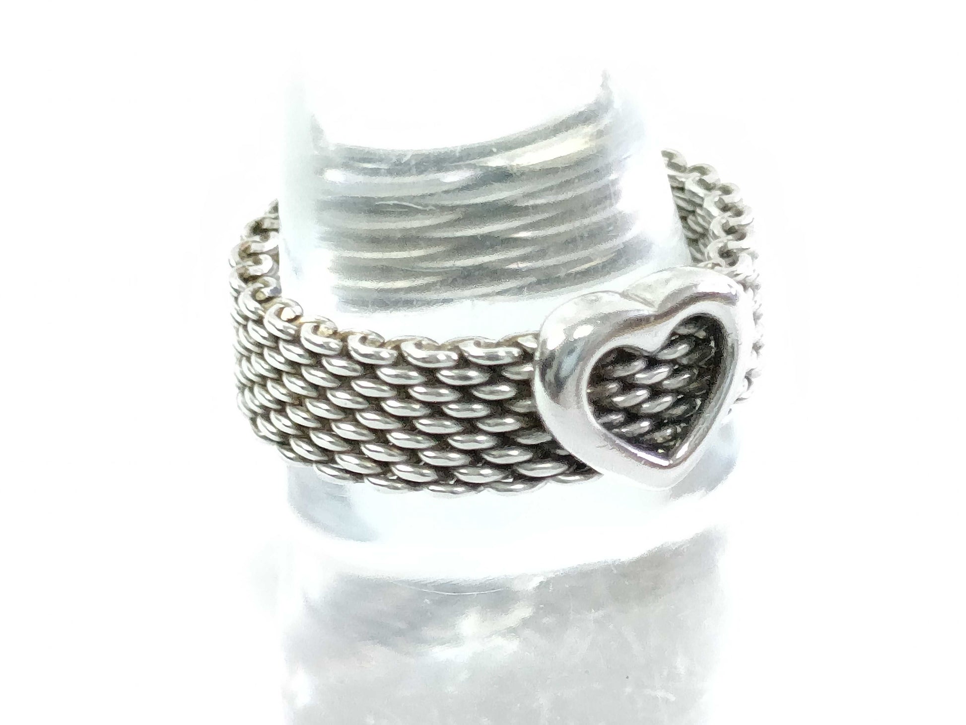 Tiffany & Co. Sterling Silver Ring, Somerset, Heart, Mesh, 925 Silver, 5.3g