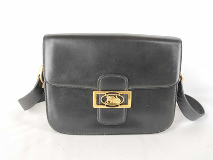 CELINE Semi-Shoulder Bag with Carriage Hardware, Vintage Leather, Black Shoulder Bag