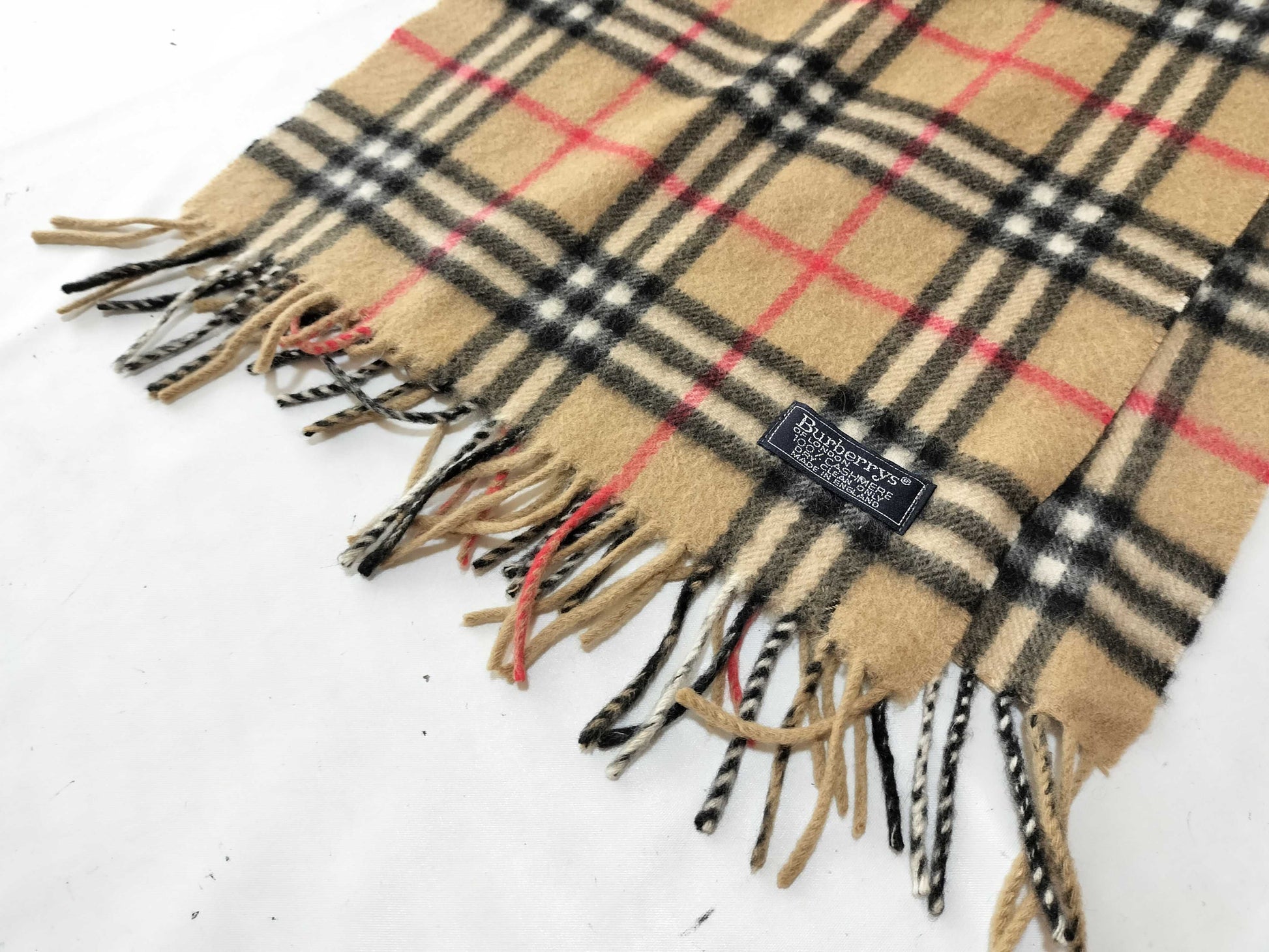 Burberrys Fringe Scarf, Nova Check, Made in England, 100% Cashmere, Beige