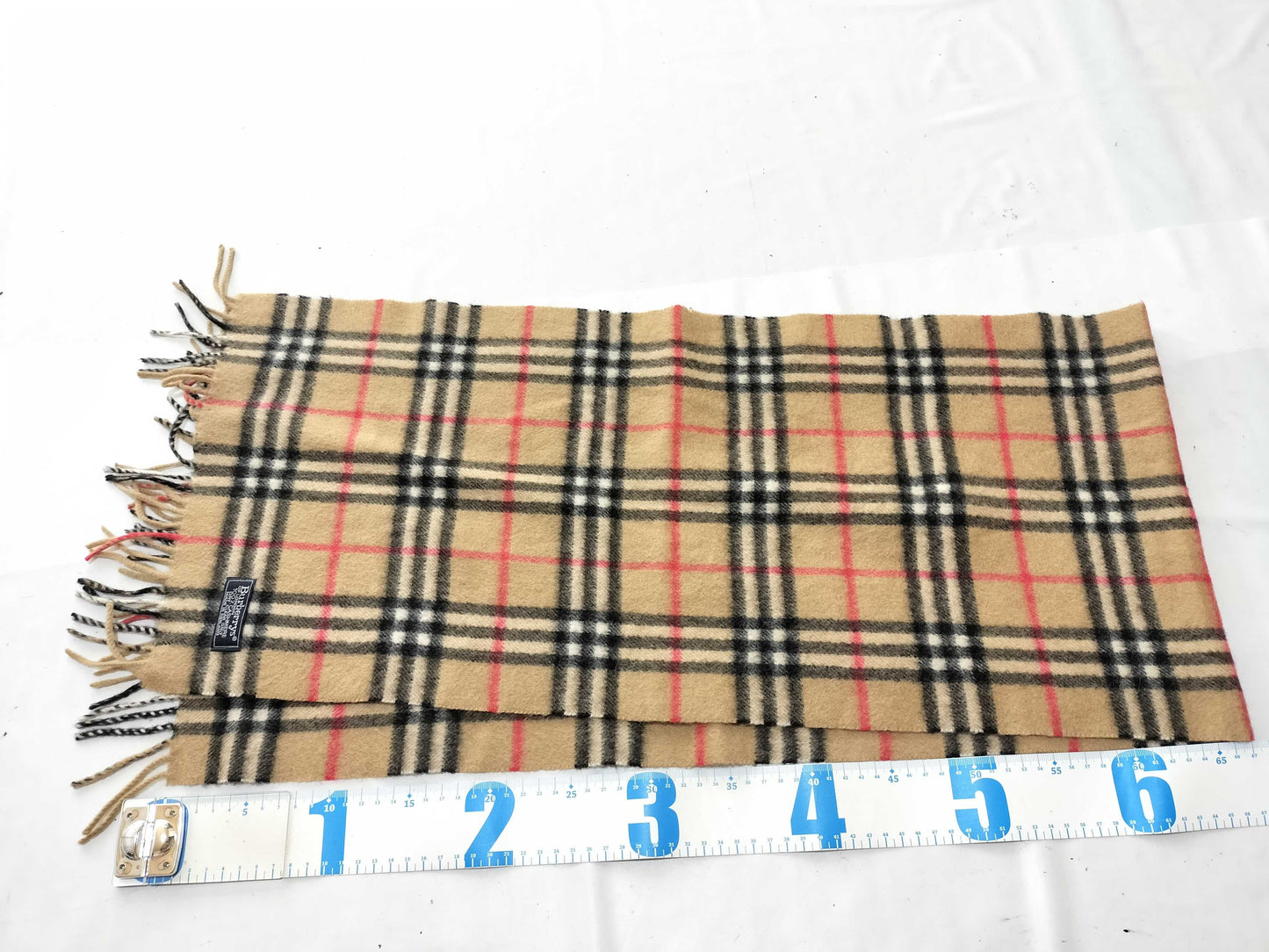 Burberrys Fringe Scarf, Nova Check, Made in England, 100% Cashmere, Beige