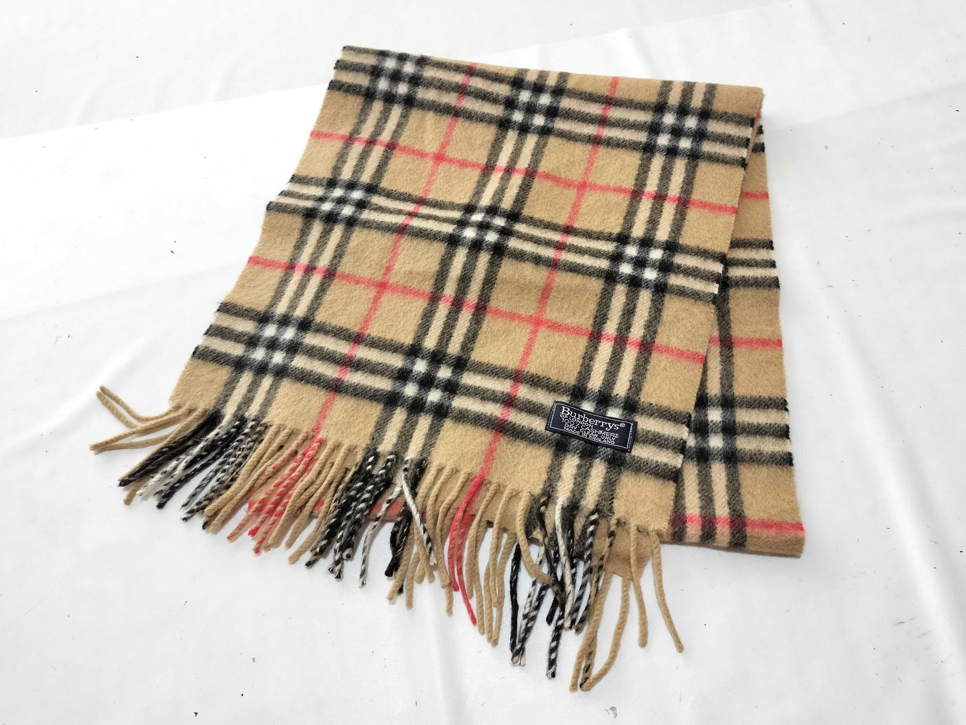 Burberrys Fringe Scarf, Nova Check, Made in England, 100% Cashmere, Beige