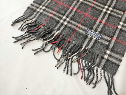 Burberrys Fringe Scarf, Nova Check, Made in England, 100% Cashmere, Dark Gray Scarf