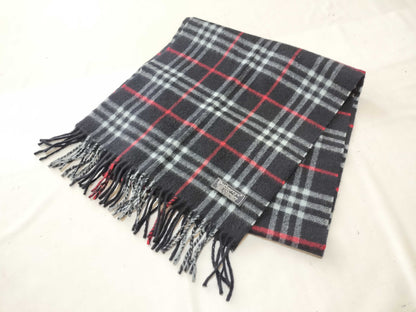 Burberrys Fringe Scarf, Nova Check, Made in England, 100% Cashmere, Navy