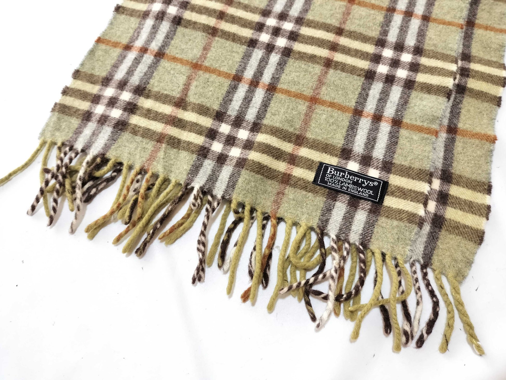 Burberrys Fringe Scarf, Nova Check, Made in England, 100% Lambswool, Green Scarf