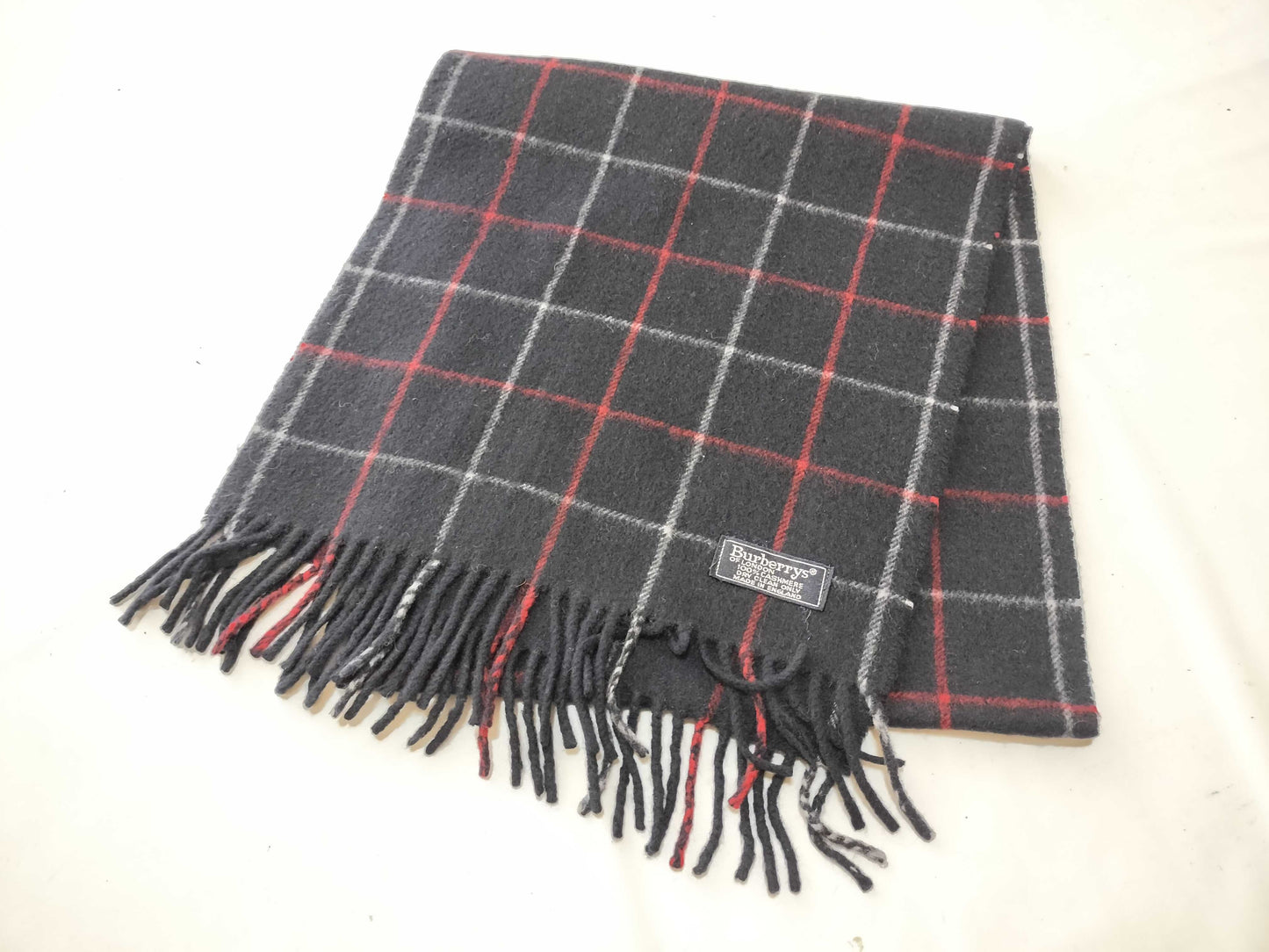 Burberrys Fringe Scarf, Graph Check, Made in England, 100% Cashmere, Navy