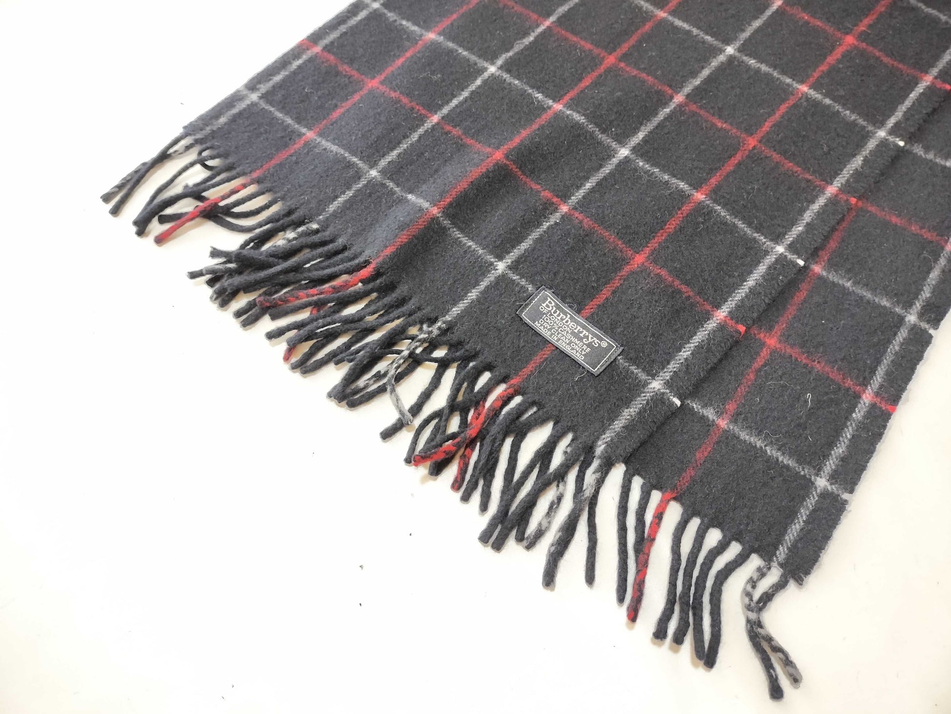 Burberrys Fringe Scarf, Graph Check, Made in England, 100% Cashmere, Navy