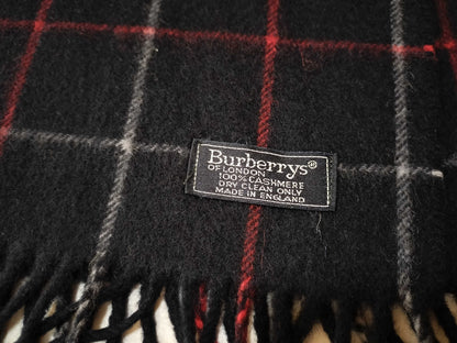 Burberrys Fringe Scarf, Graph Check, Made in England, 100% Cashmere, Navy