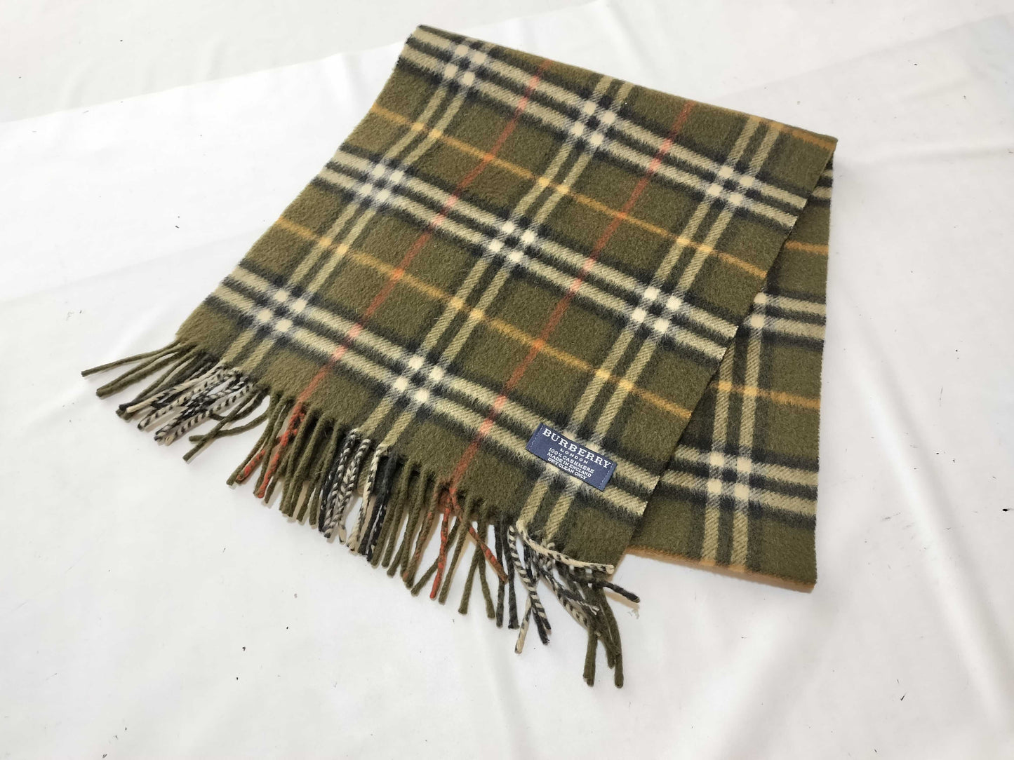 BURBERRY London / Fringe Scarf / Nova Check / Made in England / 100% Cashmere / Olive Scarf
