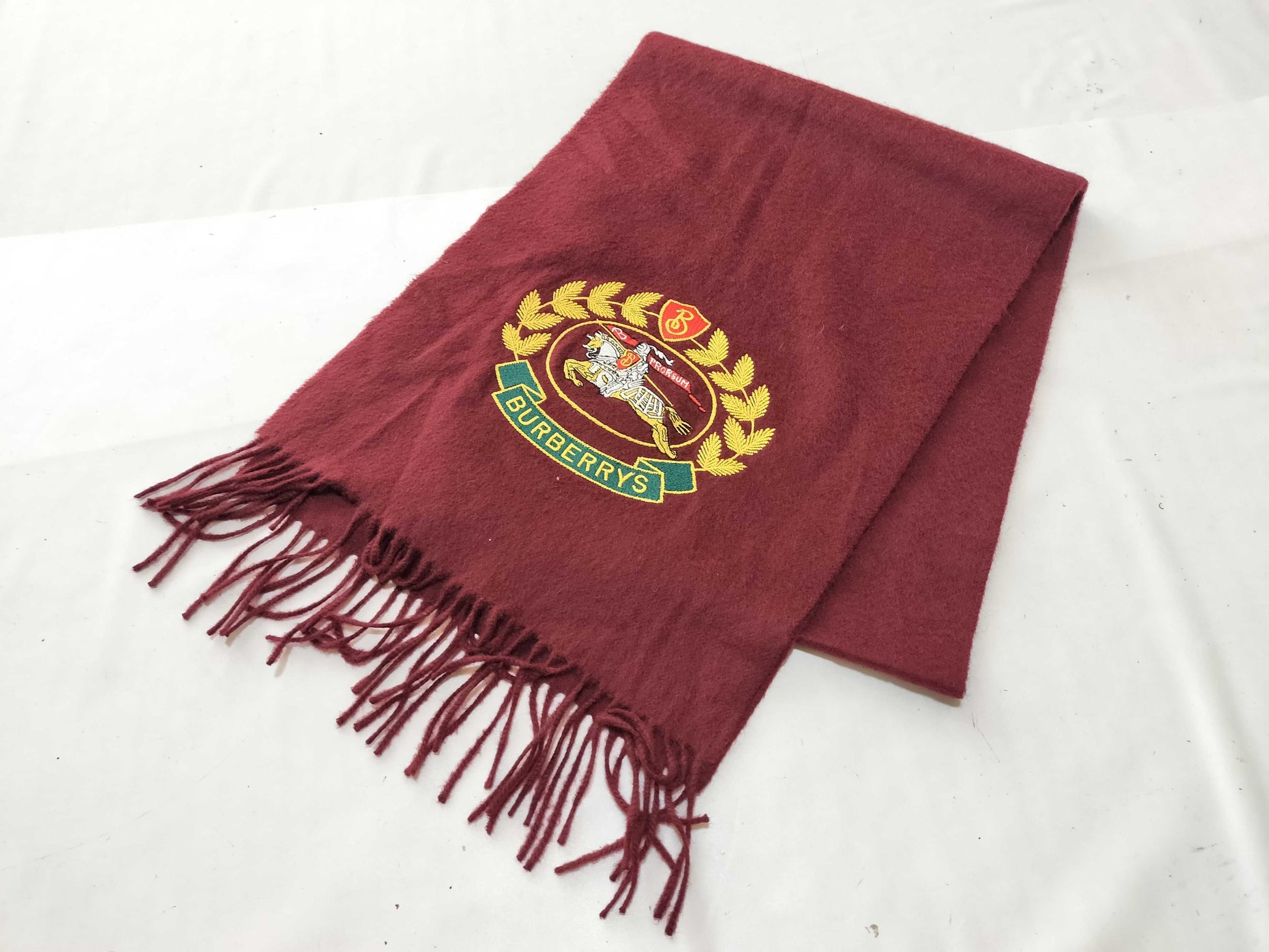 Burberry London Fringe Scarf with Horse Logo, Bordeaux, Tagless