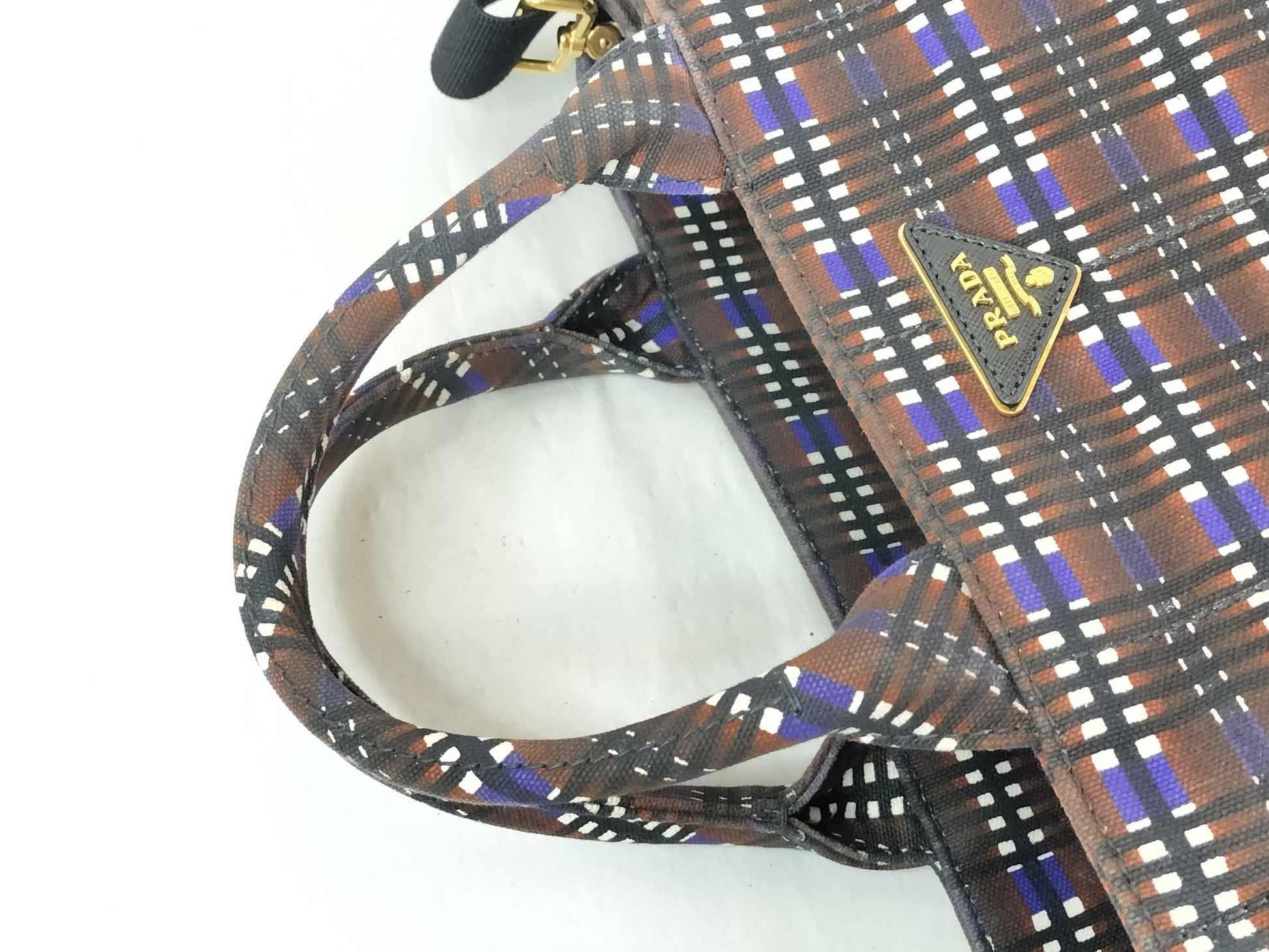 PRADA Prada Canapa Check Canvas Bag in Blue and Brown with Gold Triangle Logo, 2-Way Handbag/Shoulder Bag