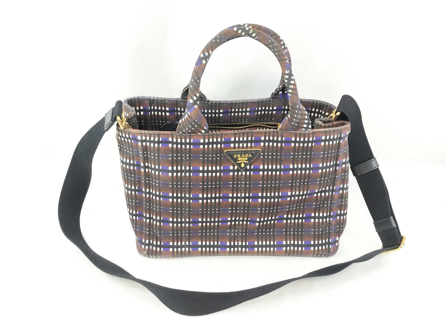 PRADA Prada Canapa Check Canvas Bag in Blue and Brown with Gold Triangle Logo, 2-Way Handbag/Shoulder Bag