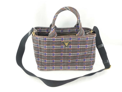 PRADA Prada Canapa Check Canvas Bag in Blue and Brown with Gold Triangle Logo, 2-Way Handbag/Shoulder Bag