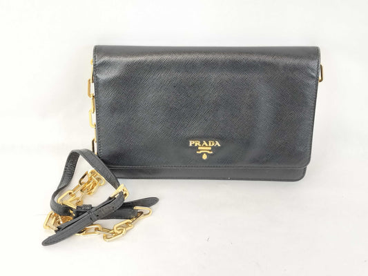 PRADA Prada Leather Black Gold Chain Shoulder Bag