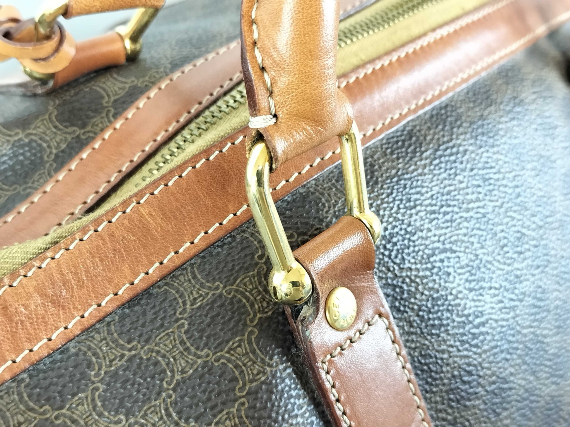 CELINE Macadam Brown with Gold Hardware and PVC Leather Boston Handbag