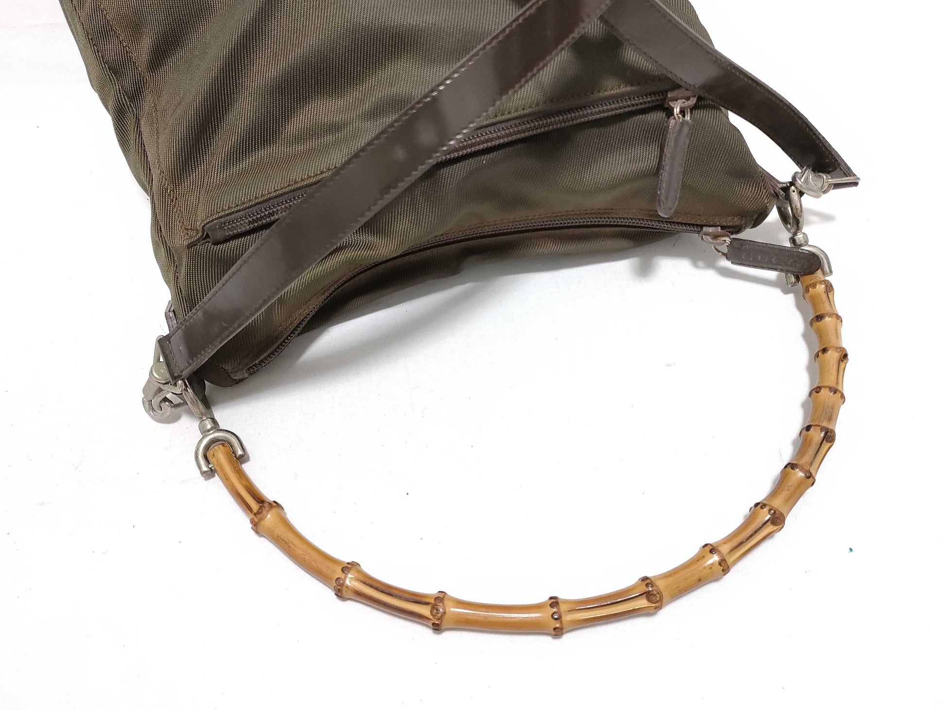 GUCCI Bamboo Shoulder Handbag, Nylon, Brown, Z6392