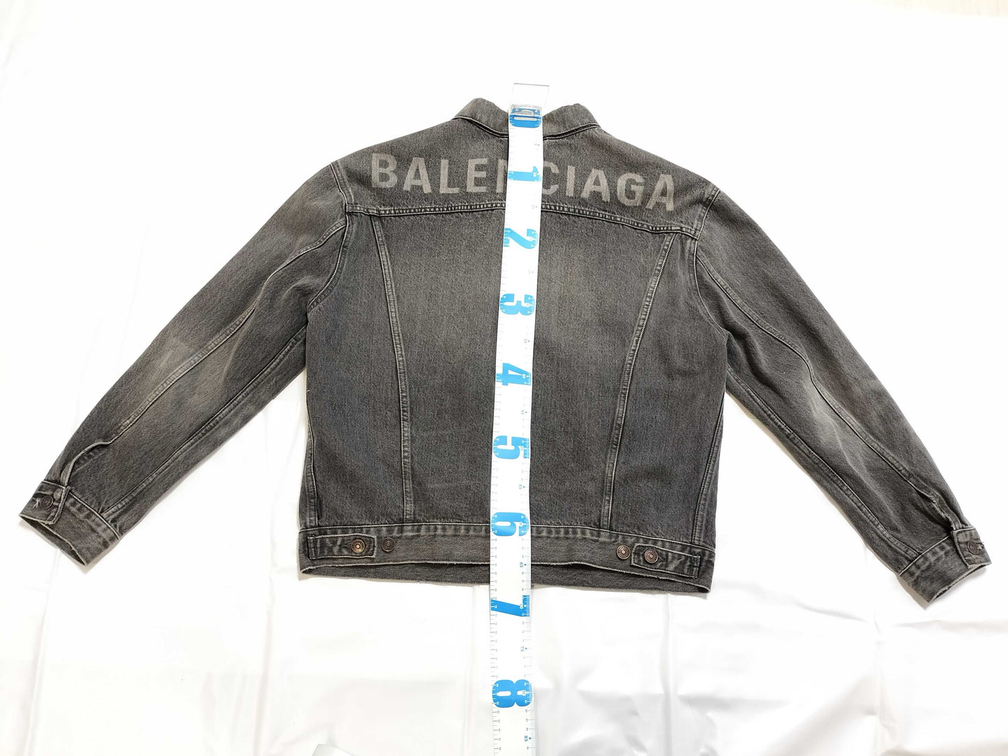 BALENCIAGA Men's Gray Denim Jacket with Back Logo, Size 44
