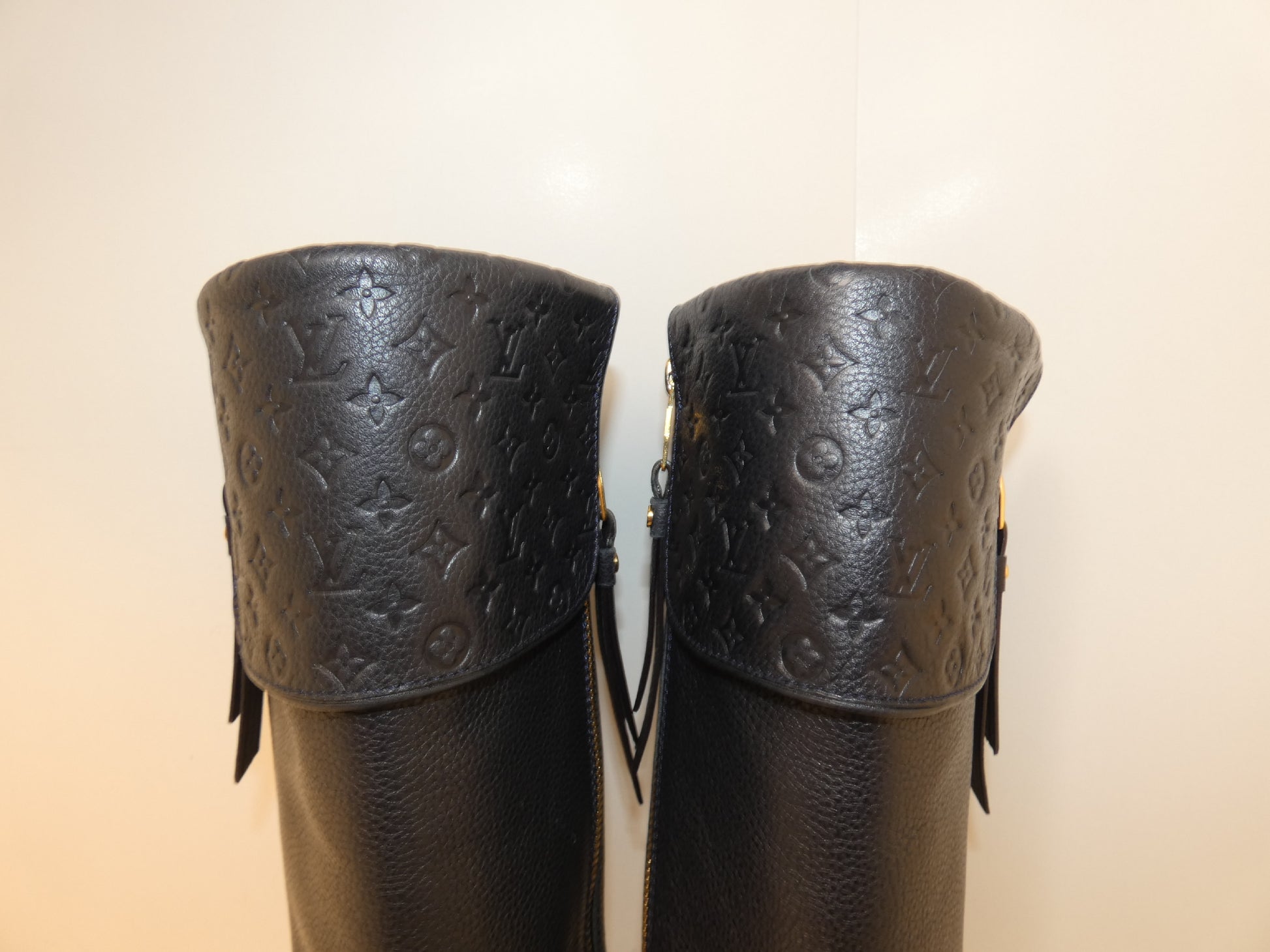 LOUIS VUITTON Empreinte Monogram Leather Long Boots with Side Zipper, Size M Other Shoes