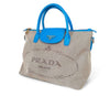 PRADA Blue Leather Canvas Jacquard Handbag with Gold Hardware