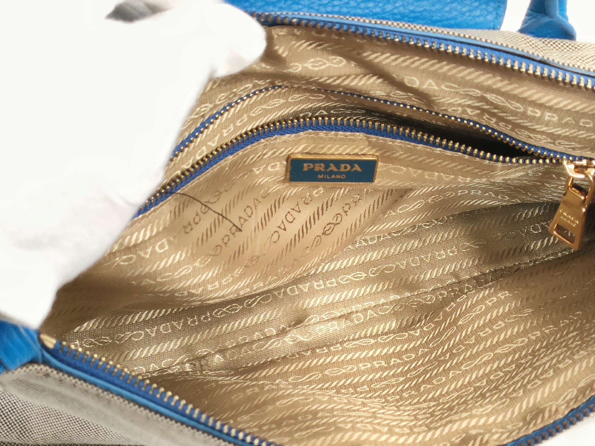 PRADA Blue Leather Canvas Jacquard Handbag with Gold Hardware