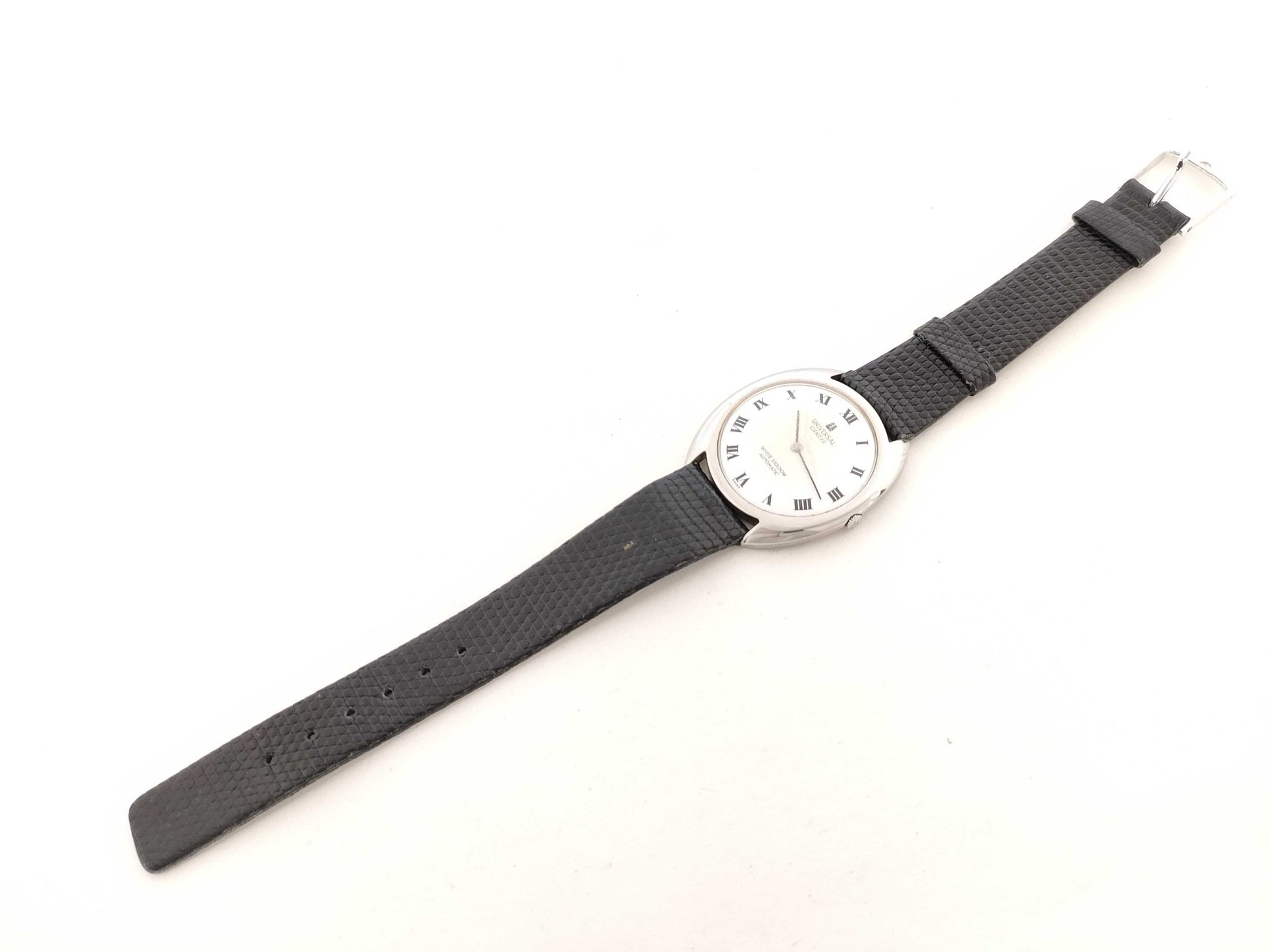 UNIVERSAL GENEVE White Shadow Model Number 866101 Serial Number 2949779 Stainless Steel/Leather/AT White Dial Men's Watch