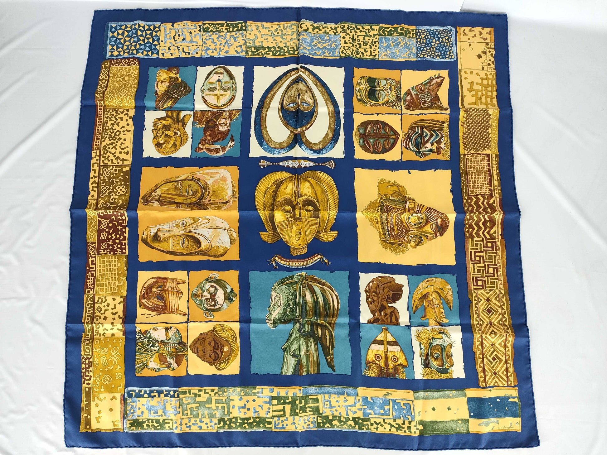 HERMES Carre 90 Persona Silk Scarf Blue x Yellow