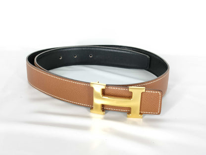HERMES Constance H-buckle leather belt with 〇Y markings, black and brown.