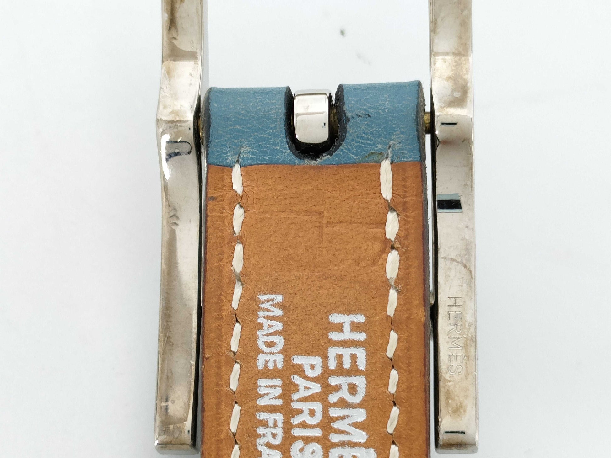HERMES Api 3 Leather Belt, Brown and Blue, Stamped with A