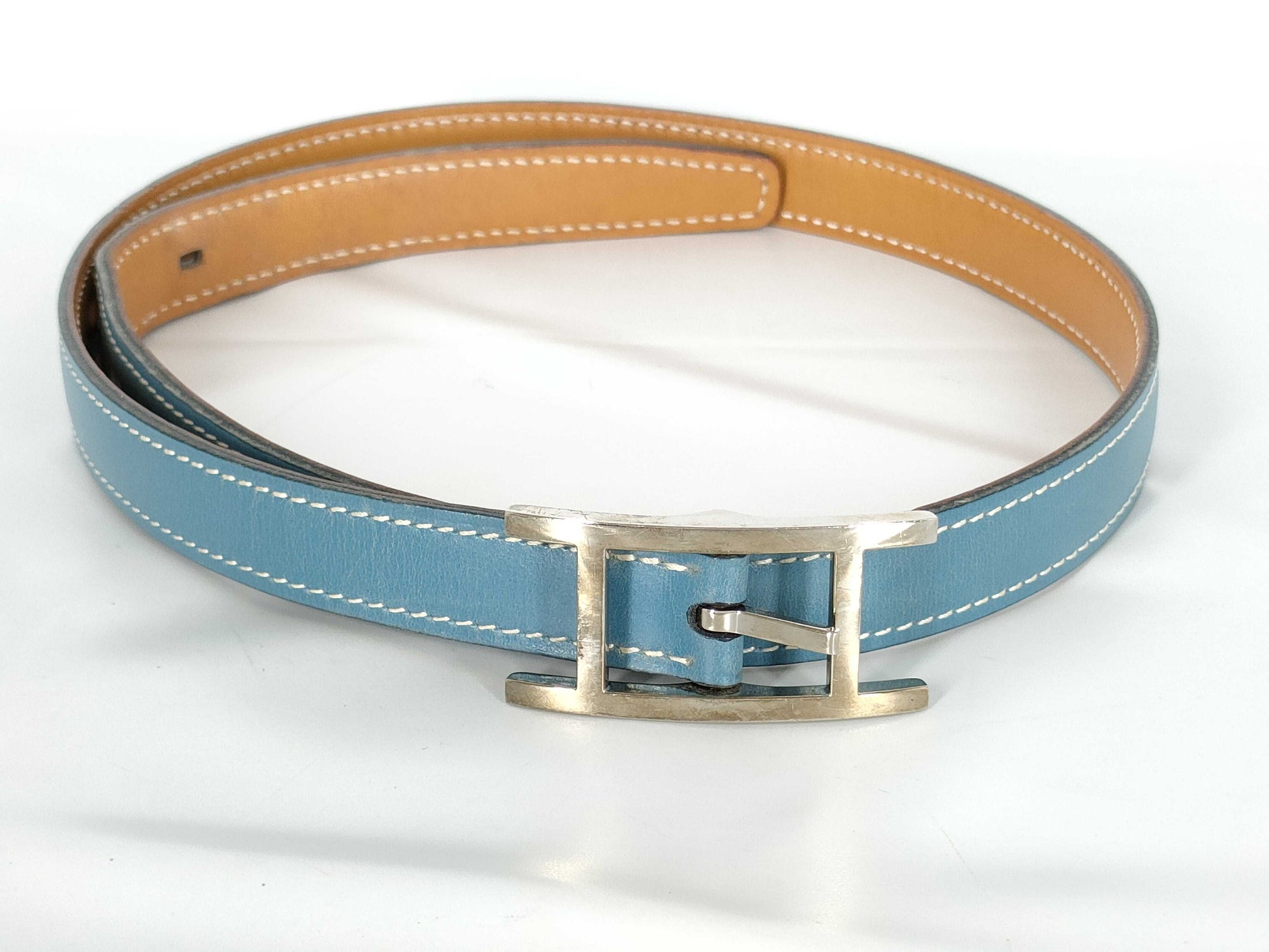 HERMES Api 3 Leather Belt, Brown and Blue, Stamped with A