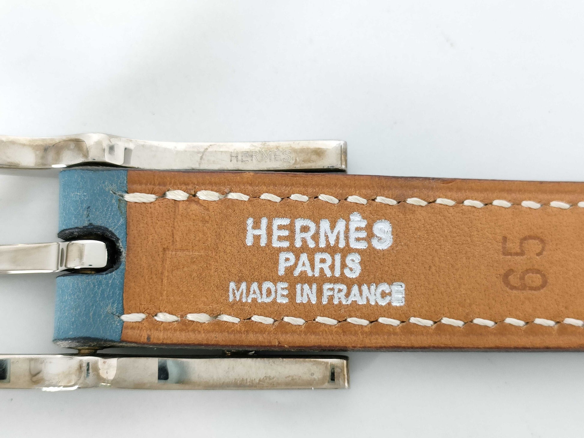 HERMES Api 3 Leather Belt, Brown and Blue, Stamped with A
