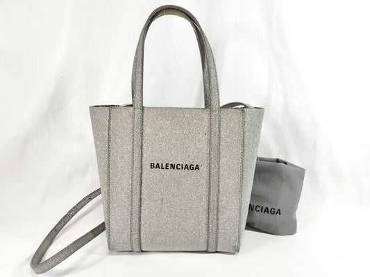 BALENCIAGA Everyday Tote XXS 2-Way Bag, Glitter Leather, Silver, 551815, Bag, Strap, Handbag