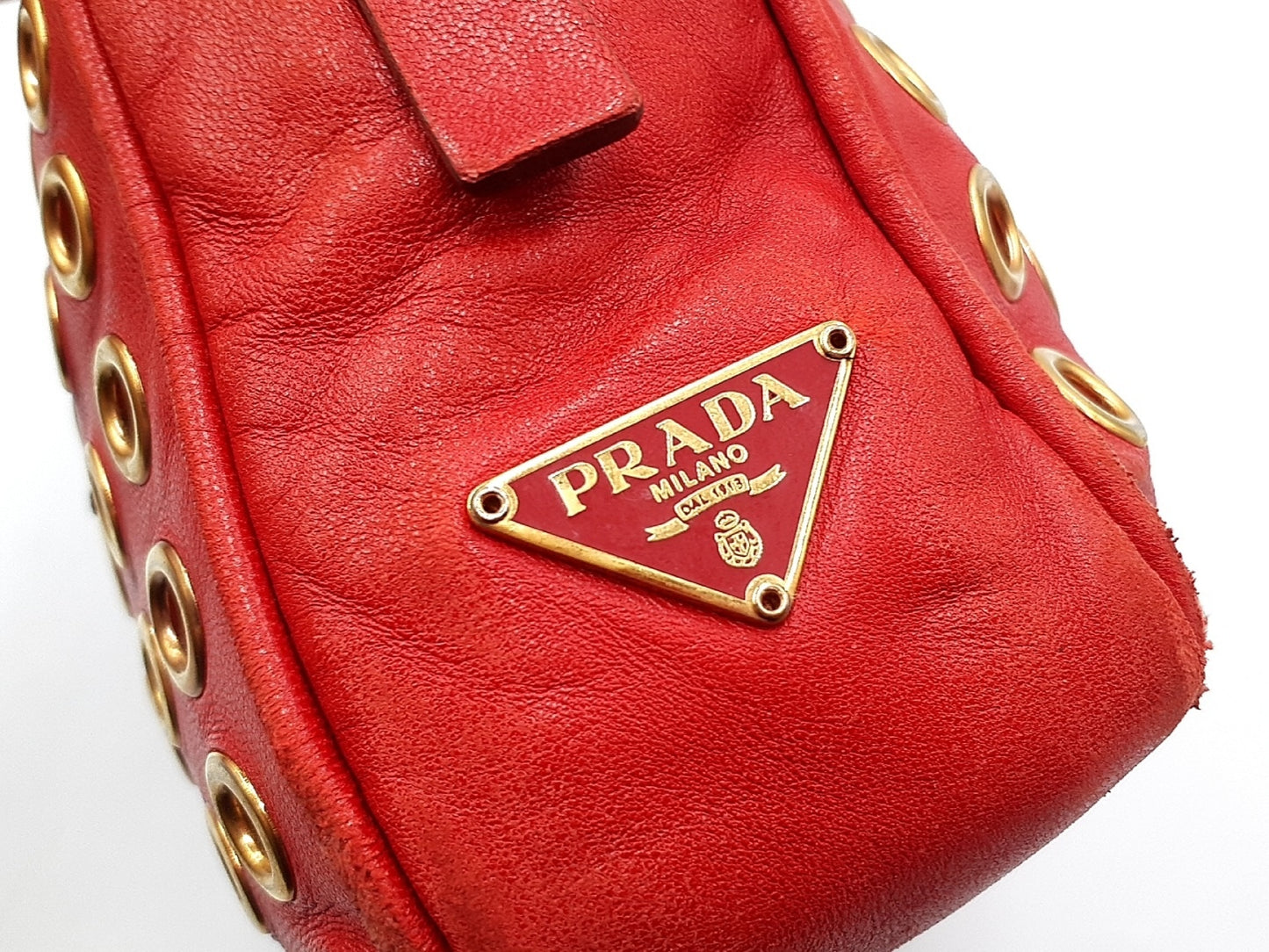 PRADA Punched Gold Hardware Triangle Plate Lamb Leather Handbag