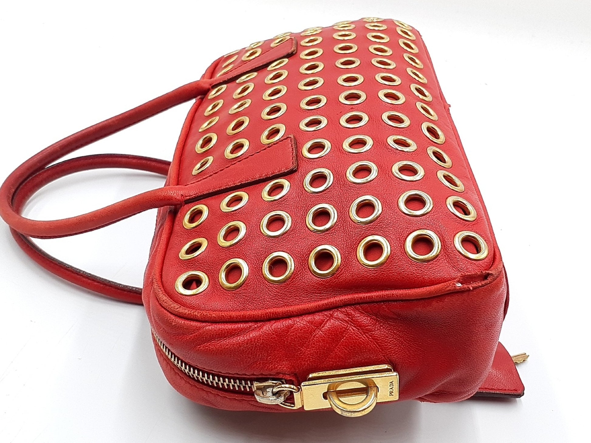 PRADA Punched Gold Hardware Triangle Plate Lamb Leather Handbag