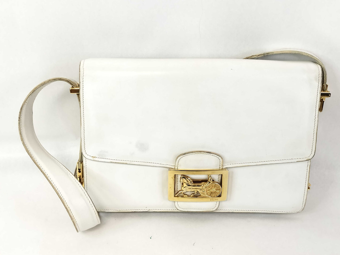 CELINE Shoulder Bag with Carriage Hardware, White Leather Shoulder Bag