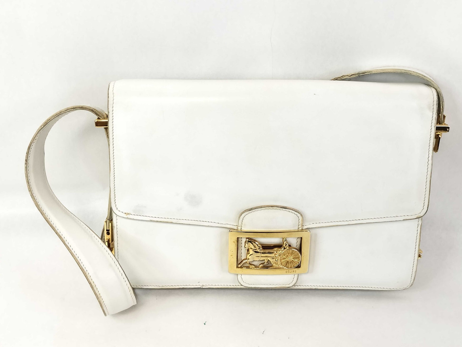 CELINE Shoulder Bag with Carriage Hardware, White Leather Shoulder Bag
