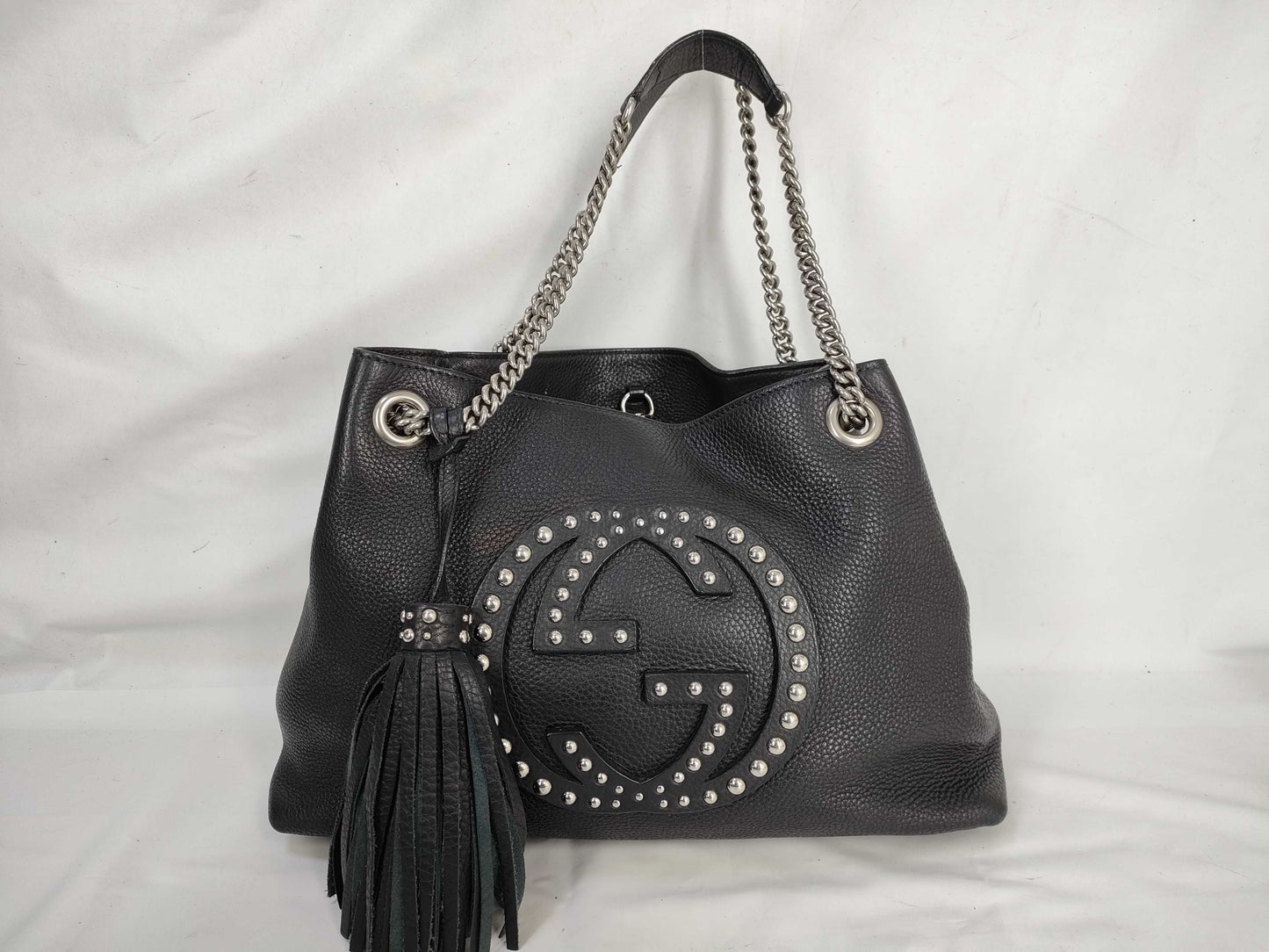 GUCCI Soho Chain Handbag, Studded Leather, Black, 308982