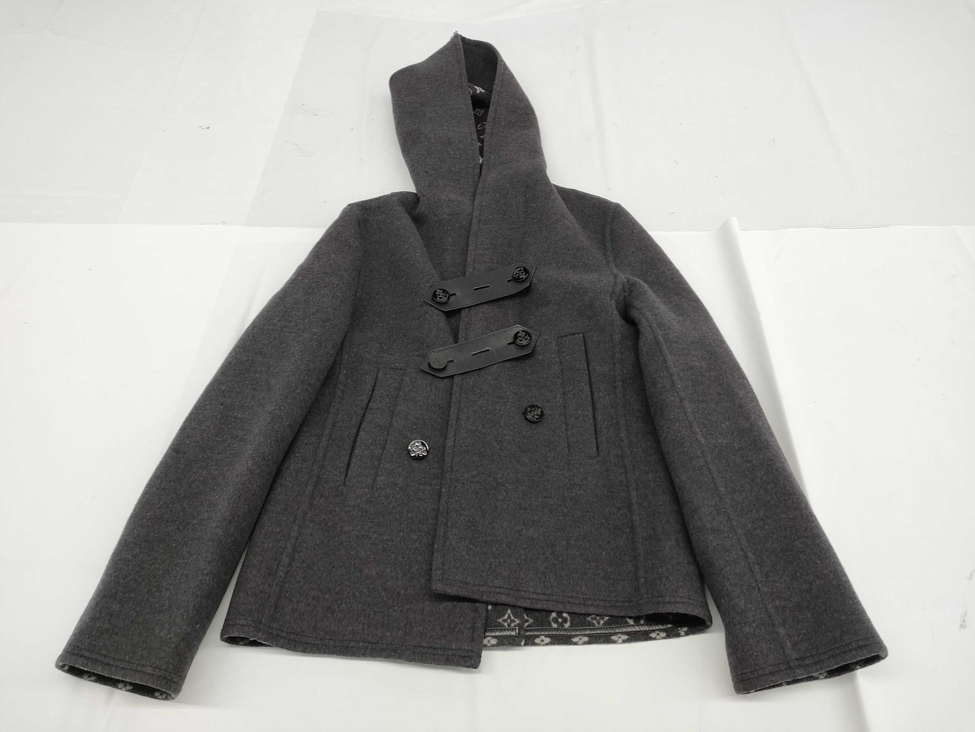 LOUIS VUITTON Wool and Silk Monogram Hoodie Black 34 Coat