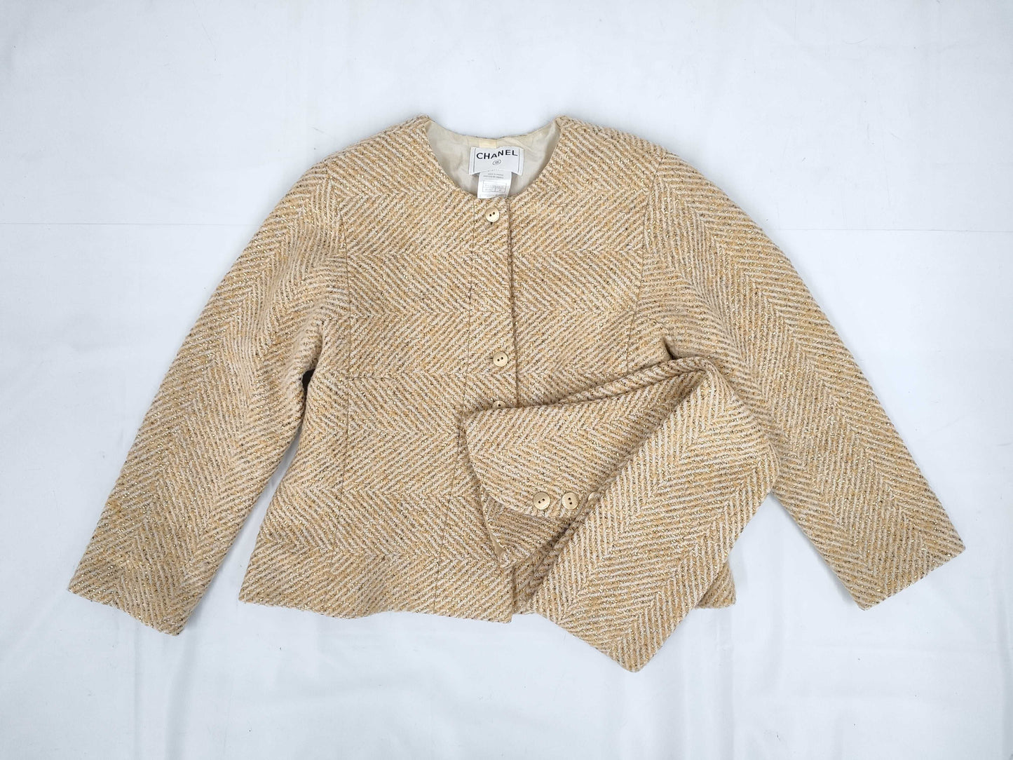 CHANEL 00A No-Collar Tweed Jacket with Stole P16174 Yellow 46
