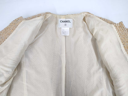 CHANEL 00A No-Collar Tweed Jacket with Stole P16174 Yellow 46