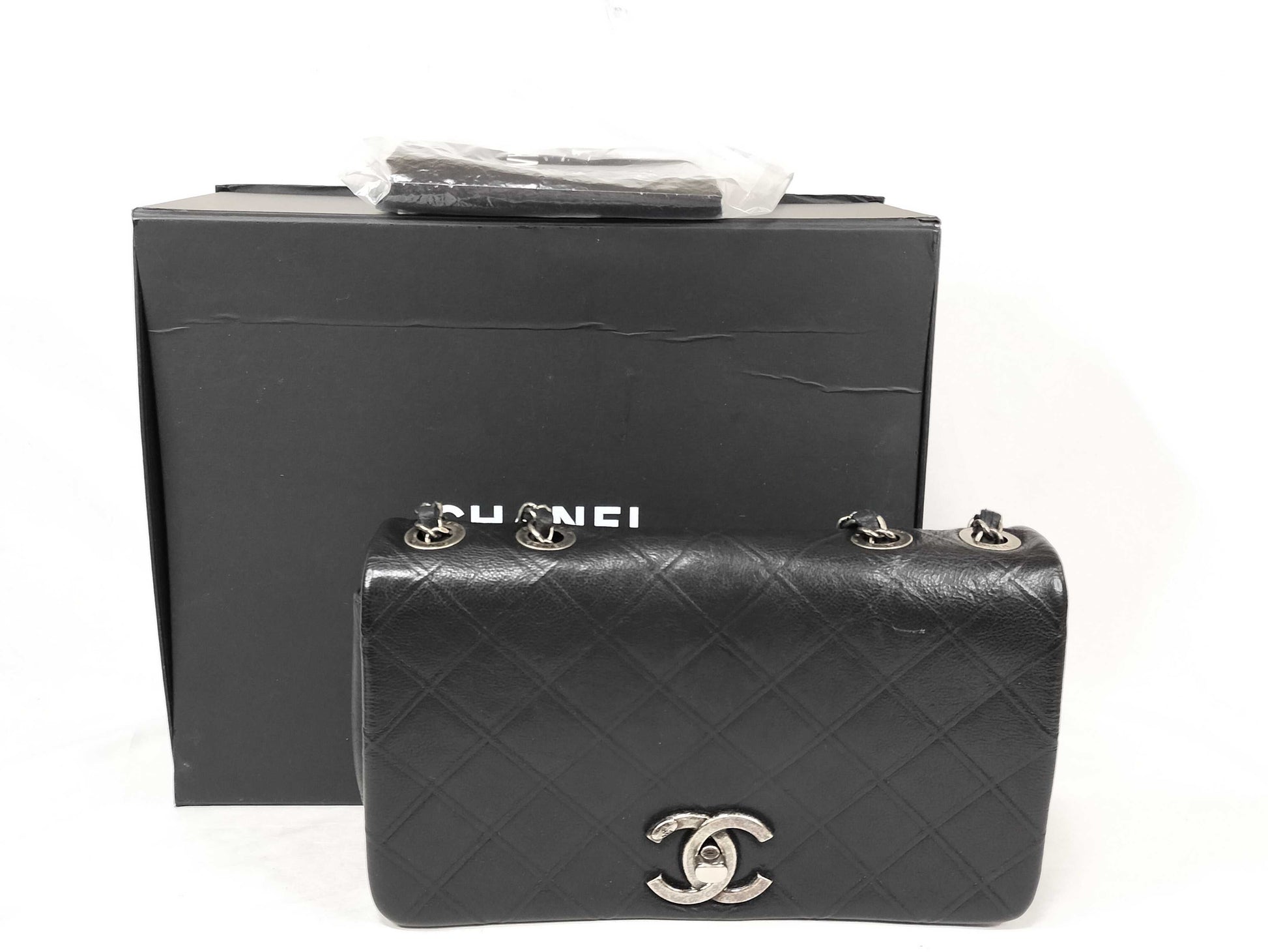 CHANEL Calfskin Single Flap Bicolor Chain Shoulder Bag in Black Stainless Steel