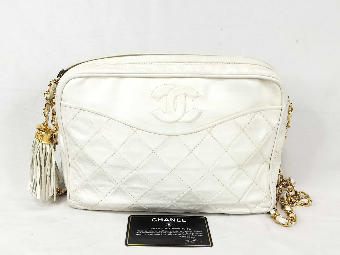 CHANEL White Lambskin Coco Mark Fringe Shoulder Bag