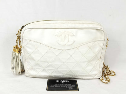 CHANEL White Lambskin Coco Mark Fringe Shoulder Bag
