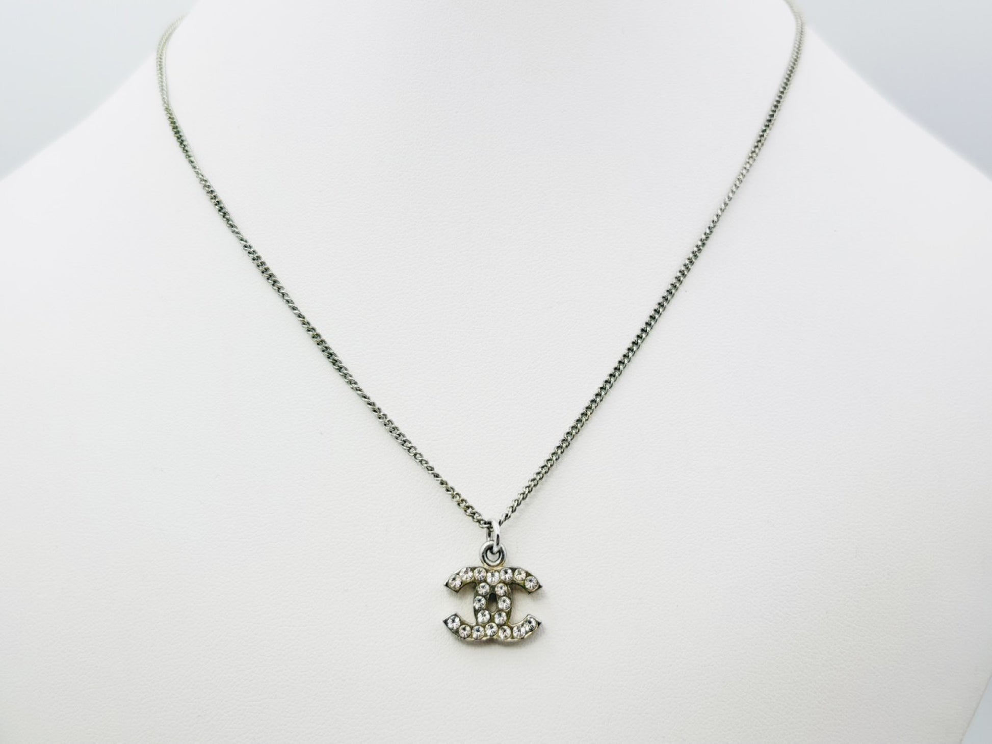 CHANEL Coco Mark Rhinestone Necklace 06V Silver Necklace