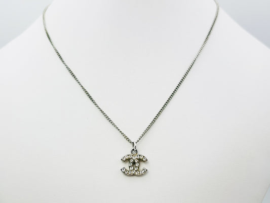 CHANEL Coco Mark Rhinestone Necklace 06V Silver Necklace
